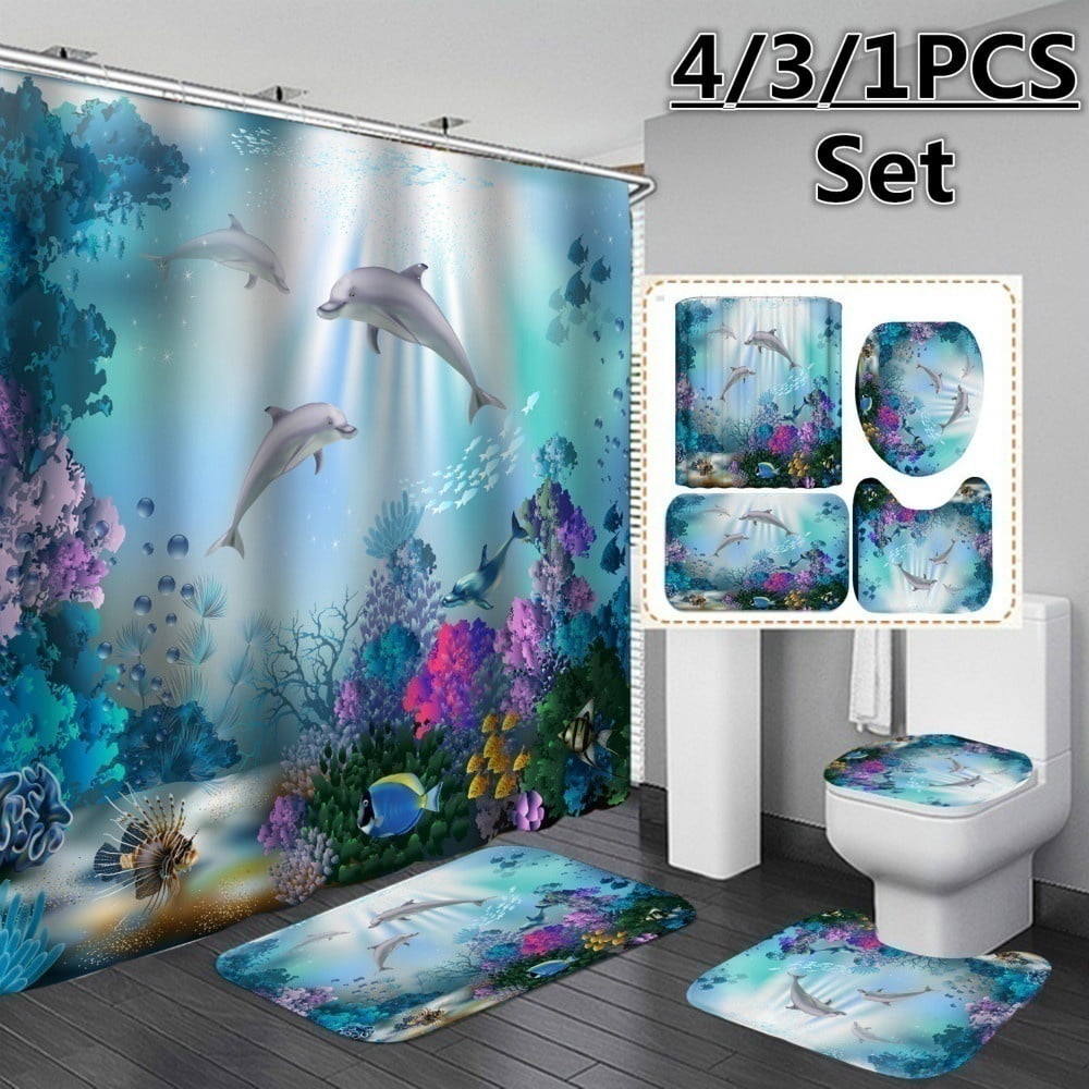Bathroom Floor Non-Slip Carpet Rug Mat Ocean Dolphin Shower Curtain Toilet Cover 