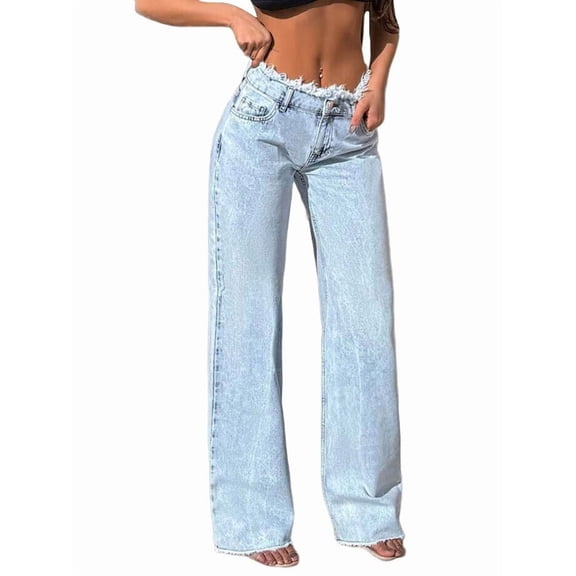 Womens High Waisted Raw Hem Jeans Stretchy Wide Leg Frayed Straight Denim Pants Light Blue L