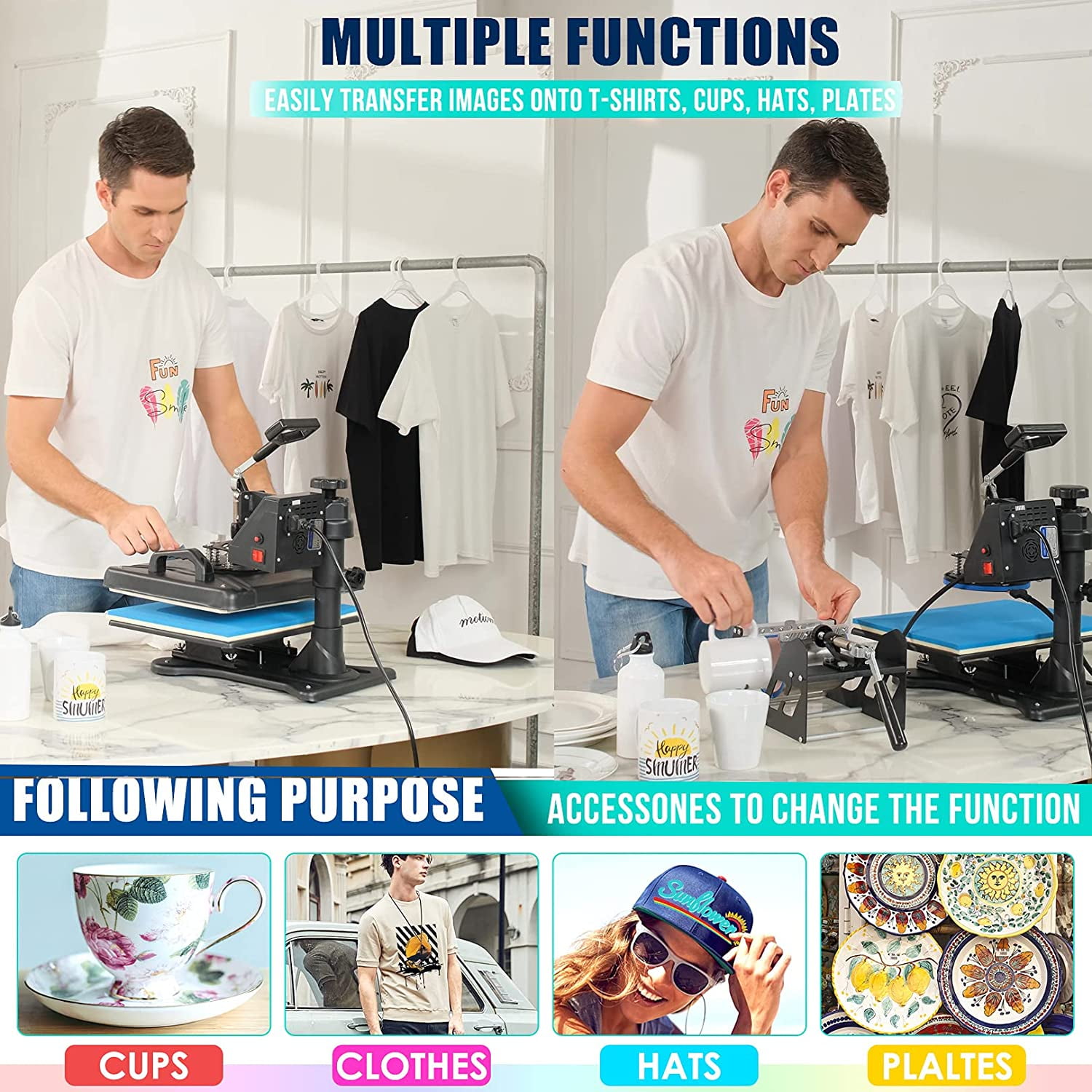 8 in 1 Heat Press Machine, 12" x 15" Combo Digital Multifunctional Sublimation Heat Transfer Machine, 360-degree Rotation Swing Away Shirt Printing Machine for Tshirt,Hat,Mug,Plate