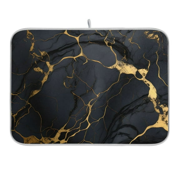 Glossy Black Gold Marble Dish Drying Mat for Kitchen Counter 16x18 In Absorbent Microfiber Reversible Mats Dish Drainer Protector Rack Pad for Coffee Bar Table