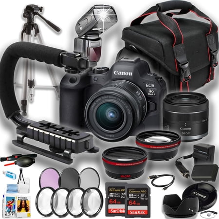 Canon EOS R6 Mark II Mirrorless Camera with 24-50mm + 2X Sandisk 64GB Extreme Memory Card + TTL Flash U-Grip + Tripod + More (21pc Bundle)