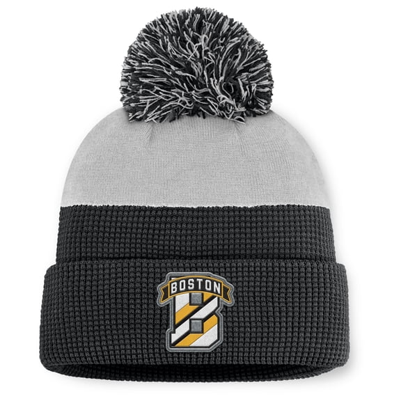 Men's Fanatics Black/Gray Boston Bruins Authentic Pro Home Ice Cuffed Knit Hat with Pom