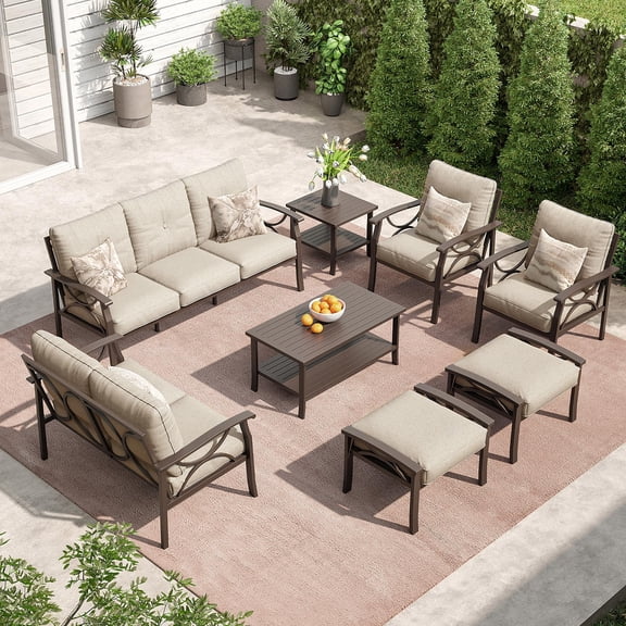 CozyHomet Outdoor Patio Furniture Set, 8 Piece Patio Conversation Set with Coffee Table Side Table and Ottomans, Metal Furniture Set for Porch Backyard Garden, Coffee