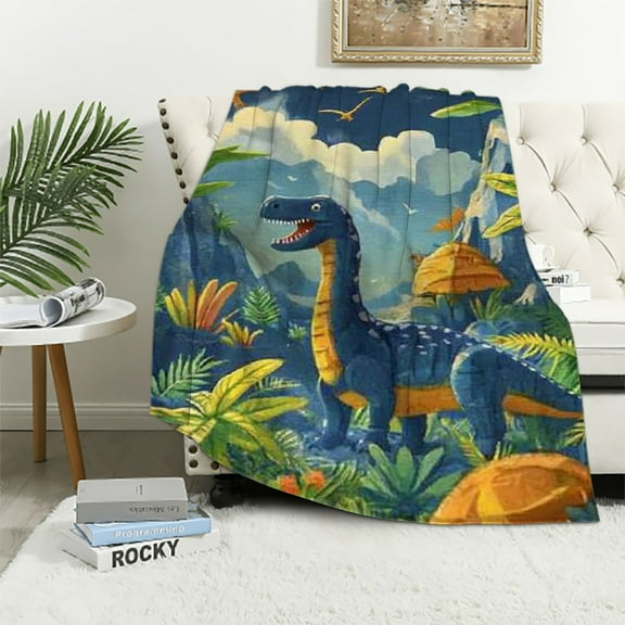 Patifu Colorful Dinosaur Adventure Flannel Blanket - Dino and Palm Tree Dark Throw,Whimsical Gifts for Kids Girls Boys, Ultra Soft & Warm,Lightweight, for Couch Bedroom Living Room Decor   40x50in