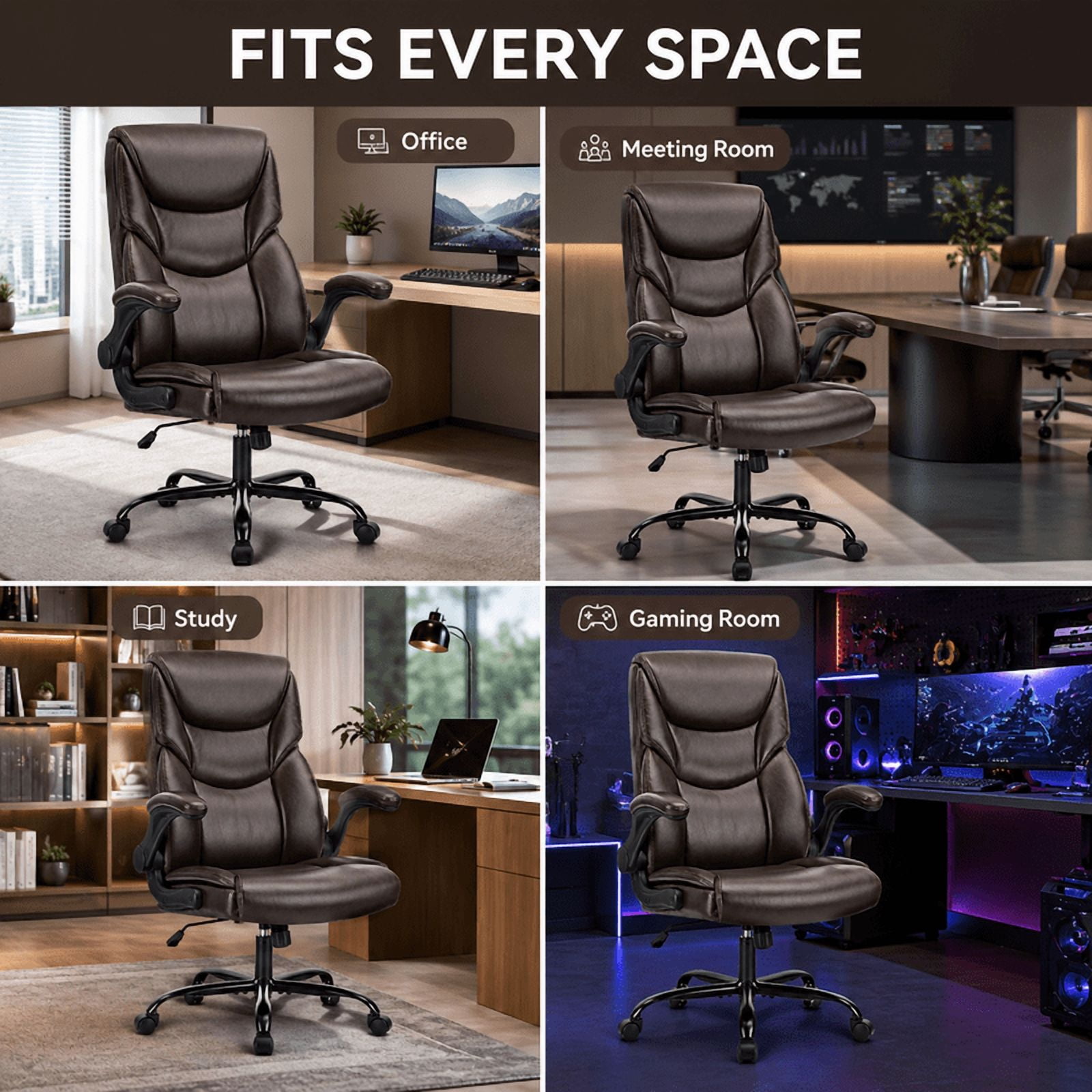 Ergonomic PU Leather Executive Office Chair, Adjustable Height Desk Chair with Lumbar Support, Wide Seat, 360° Swivel and Quiet Wheels, Brown