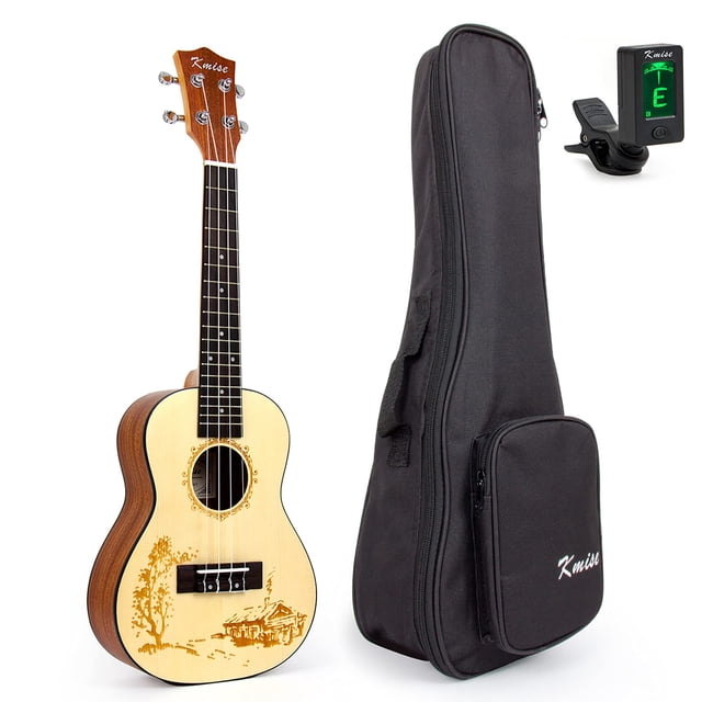 Ukelele de concierto, Ukelele de abeto macizo Kmise, Ukalalee de 23 pulgadas con sintonizador de bolsa de tallas láser Village para adultos principiantes