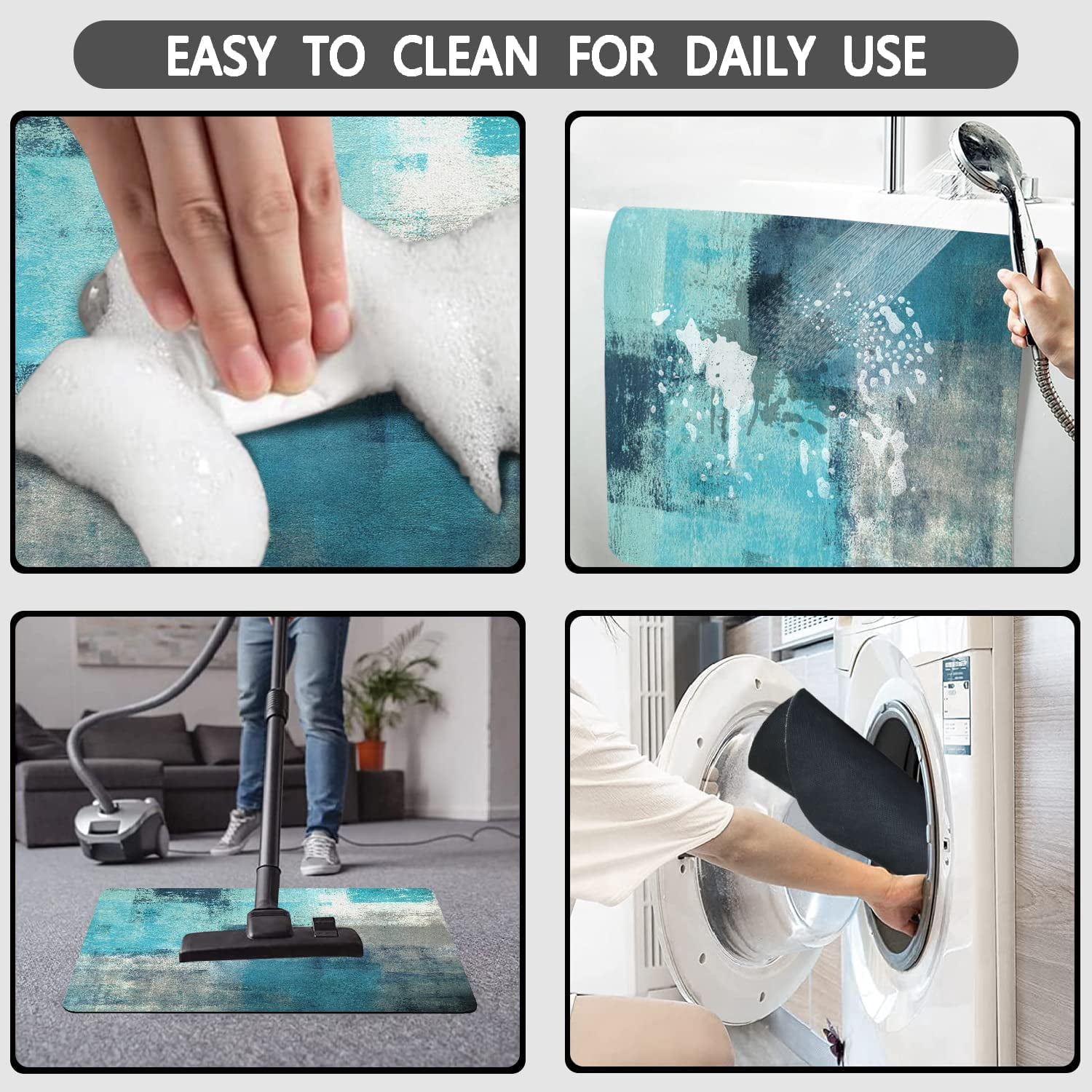 Teal Thin Bathroom Rugs Fit Under Door 20"x32" Quick Dry Super Water Absorbent Bath Mat Rubber Backed Abstract Art Painting Bath Rugs Mats for Bathroom Non Slip Washable