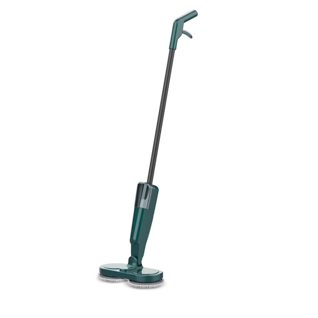Cordless Electric Mop Dual-Motor Low Noise Electric Spin Mop with a sleek green design, featuring a dual-motor system for efficient cleaning. It includes a 150ml water tank for extended cleaning sessions and operates quietly for a peaceful experience. The mop is lightweight at 1.2kg and measures 1122 x 286 x 208mm. Powered by a 2000mAh lithium battery, it offers 90-120 minutes of runtime and requires 3-5 hours for a full charge. The package includes the electric mop and a charging cable.