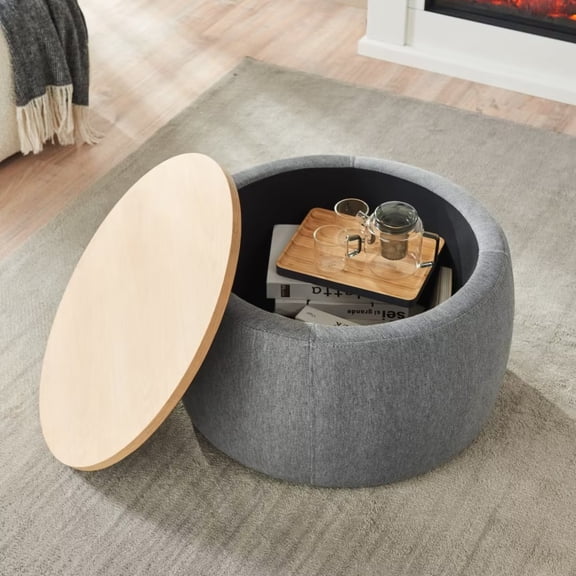 Round Storage Ottoman with Wooden Lid, 3 in 1 Function Ottoman Coffee Table Side Table, Handmade End Table Ottoman Footstool for Living Room, Bedroom,Natural