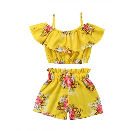 

Bebiullo Toddler Little Girl Off Shoulder Ruffle Pocket Romper Jumpsuit Clothes Set