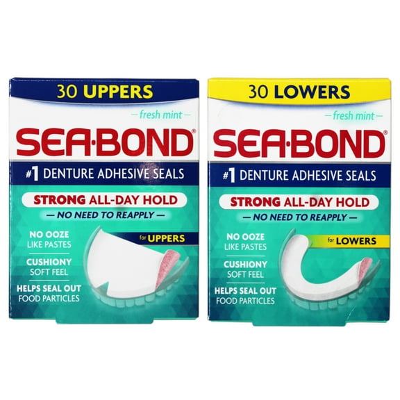 Sea-Bond Secure Denture Adhesive Seals, Fresh Mint Uppers & Lowers, Zinc-Free, All-Day Hold, Mess-Free 30 Count Each