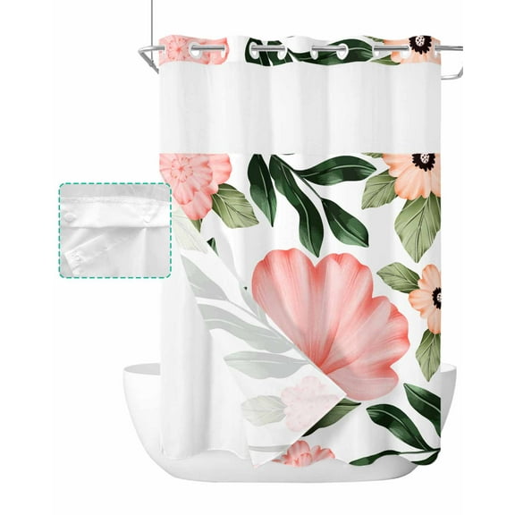 No Hook Shower Curtain with Snap in Liner, Pink Flowers Green Leaves Pastoral Plant Hotel Shower Curtains for Bathroom, Washable Shower Curtain Liner Set with Mesh Top Window, 48"x72"