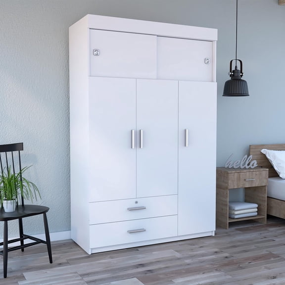 Chile Armoire, Rod, Three Door Cabinet, Two Drawers, Two Superior Adjustable Shelves, Metal Hardware- White White