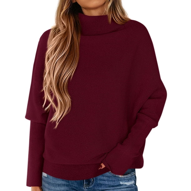 Suéter PRETTYGARDEN Cuello Alto Manga Murciélago Vino Tinto XL
