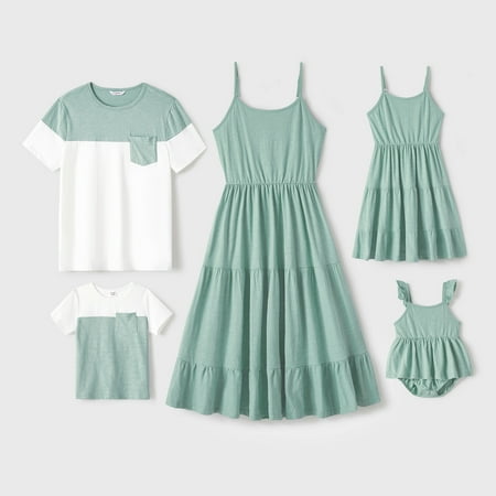 

PatPat Easter Family Matching mommy and me Solid Cami Dresses and Short-sleeve Colorblock T-shirts Sets