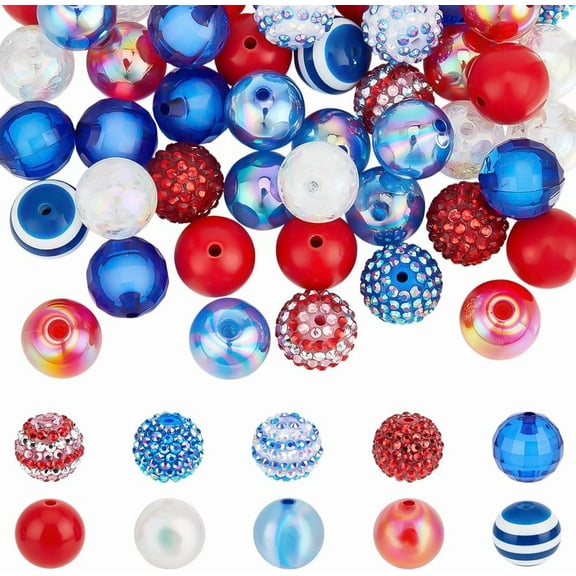 50pcs 20mm Acrylic Beads 10 Styles Chunk Bubblegum Beads Large Patriotic Focal Bead Round Rhinestone Craft Bead for DIY Craft Keychain Beadable Pen Necklace Jewelry Making Christmas