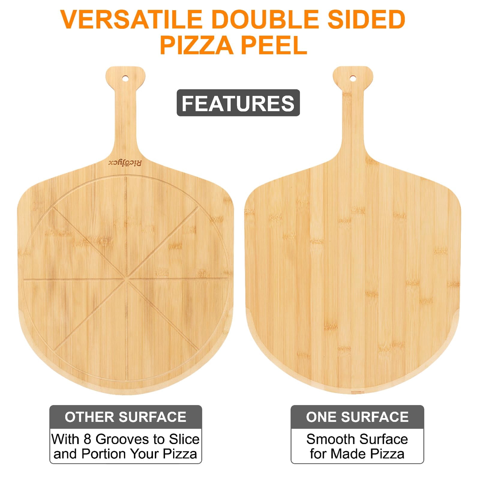 14 inch with grooves - 2 Pizza Peel Set, Double-sided Use Board for Bread Cheese Vegetable Fruits
