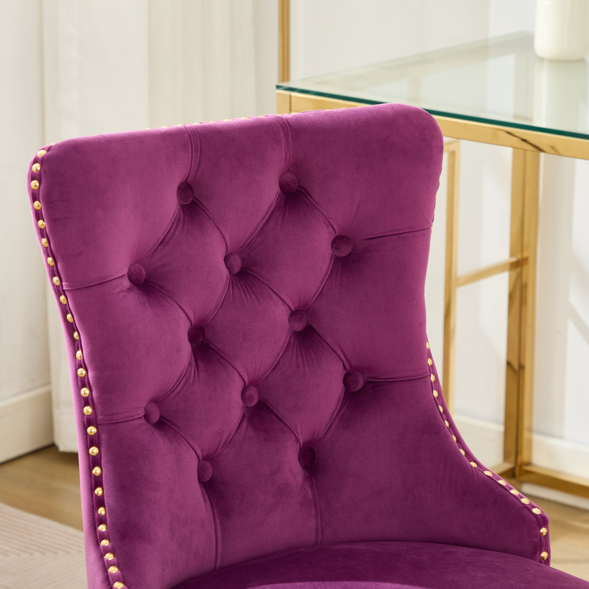 SESSLIFE Swivel Vanity Chair, Modern Office Chair with Wheels, Golden Metal Base, Velvet Upholstered Tufted Button Home Office Chair with Adjustable Height, Ergonomic Home Desk Chair, Purple