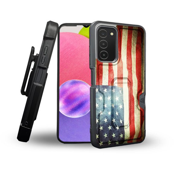 ANJ  Rugged Shockproof Holster Case Card Slot Kickstand   Tempered Glass Cover for Samsung Galaxy A03s - Grunge American Flag