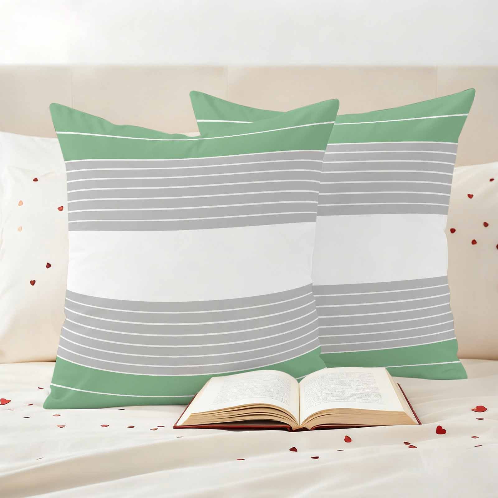 Green Grey Stripe Outdoor Waterproof Pillow Covers, Modern Art Horizontal Striped Decorative Square Throw Pillowcase Sofa Cushion Sham for Patio/Couch/Chair, 24"x24" 2 Pack