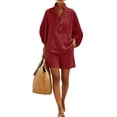 thumbnail image 2 of Cotton Linen Sets for Women 3/4 Sleeve Top Shorts Set Casual Summer Loungewear Set Beach Outfit, 2 of 4