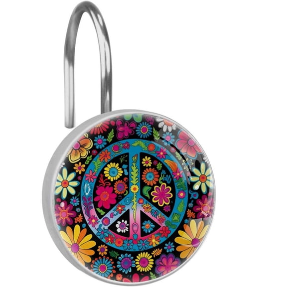 Peace Sign Shower Curtain Hooks （Set of 12） for Home Hotel Shower Rods Bathroom Crystal Glass Print Stainless Steel Round Curtain Hooks