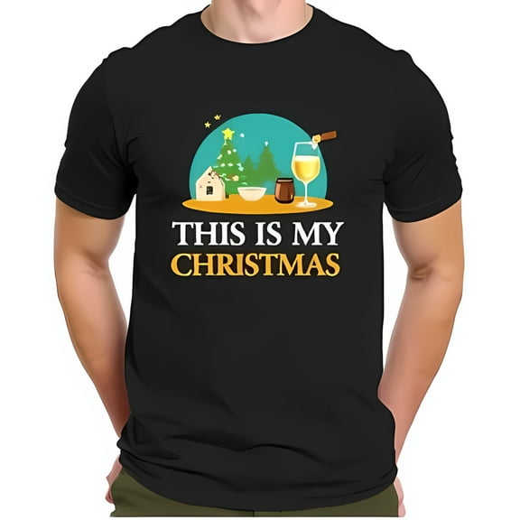 Men's Cotton Short Sleeve T-Shirt - 'THIS IS MY CHRISTMAS' with Festive Trees Gingerbread House & Holiday Treats Design