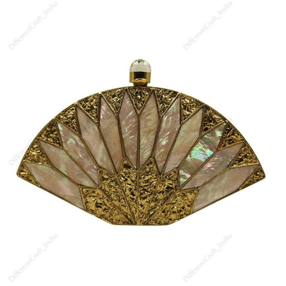 Different Craft India Mother of Pearl Shell Minaudiere Brass clutch Purse Luxury Fan shape evening Shoulder bag