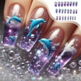 thumbnail image 2 of 24Pcs Long Square Press on Nails Thick Fake Nails Blue French Tip False Nails with Fish Pattern Design Artificial Acrylic Nails Press ons Reusable Coffin Nail Holiday Glue on Nail for Women, 2 of 9