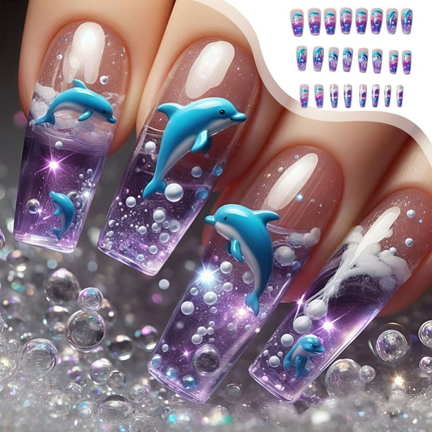 Uñas Postizas de Delfines Morados (24 Unidades) | Serie Océanos de Ensueño Europeo y Americano | Uñas Acrílicas a Presión (1 Ml) | Uñas de Plástico Multicolor | 12 Tamaños | 16 G - Zkr250813644