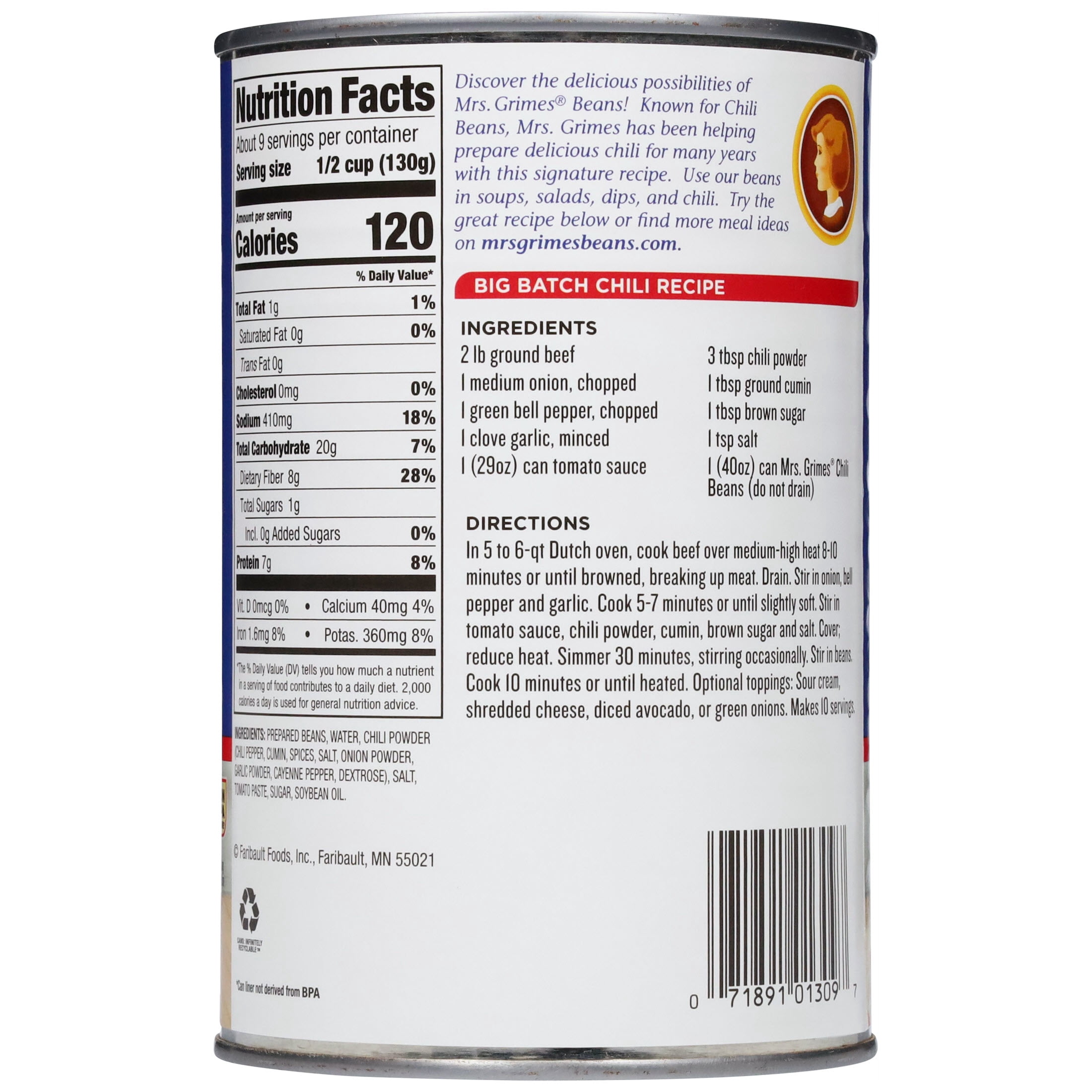 Mrs. Grimes Original Chili Beans 40 oz Can