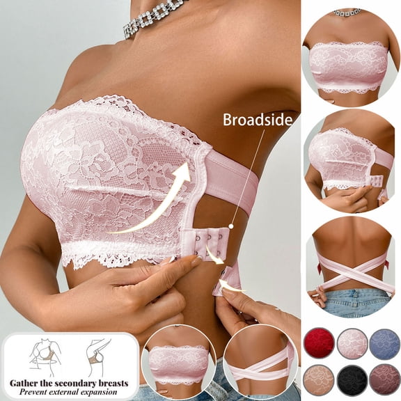 Hfnxid Womens Lace Strapless Bras Push Up Bandeau Bra Non Slip Cross Back Wireless Tube Bralette