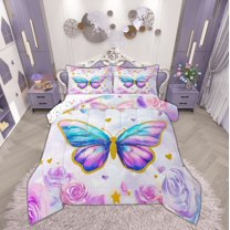 Manfei Dreamy Butterfly Child Bedding Comforter Set, Pink Rose Floral Twin Comforter Sets, Romantic Valentines Day Reversible Bedding Set, Microfiber Bedroom Decor, 2 Pieces