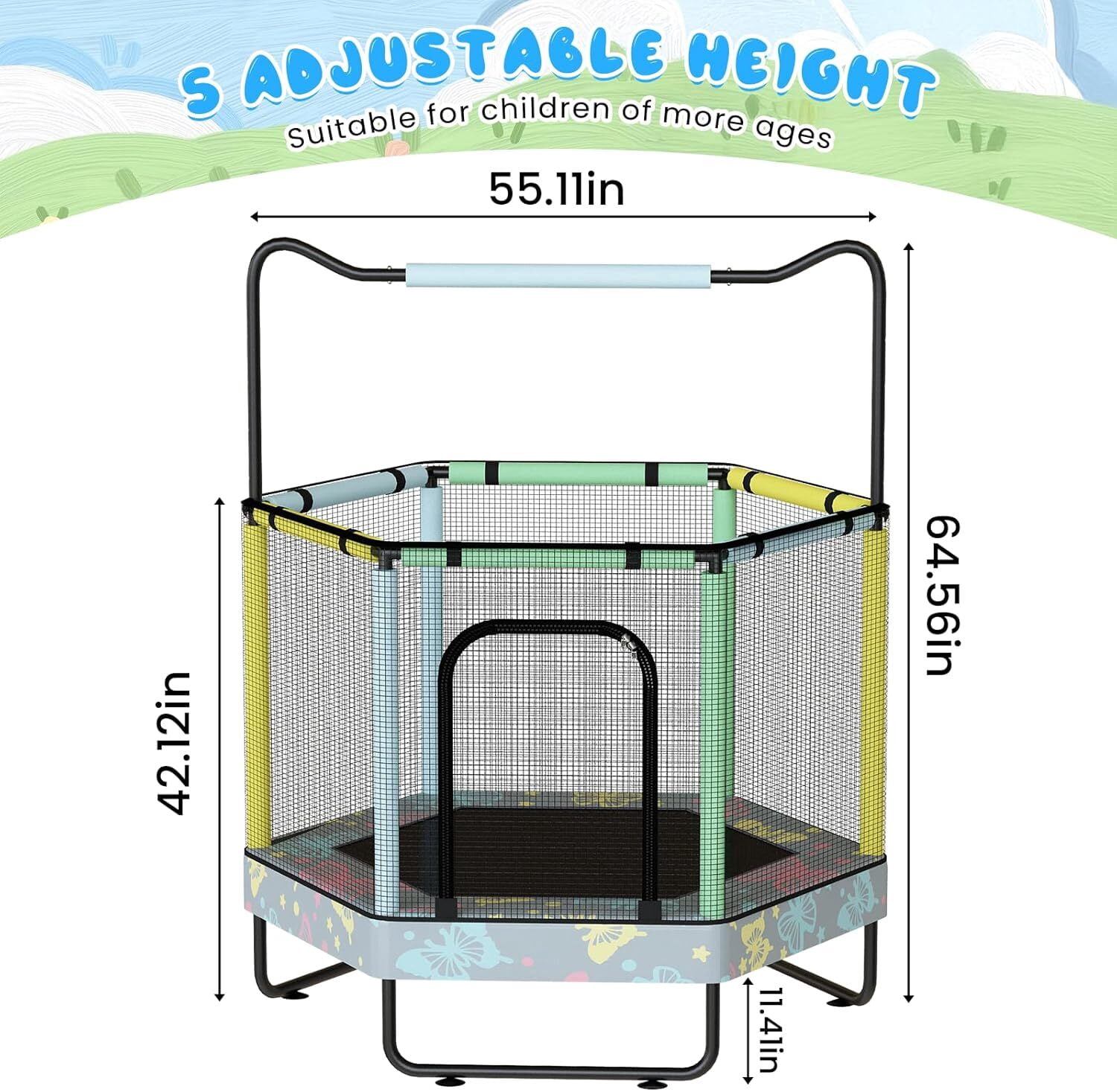 MOOSENG 7-in-1 Kids Trampoline with Safety Enclosure Net, 55" Hexagonal Indoor Outdoor Toddler Trampoline for Ages 1-8, Adjustable Handrail, Basketball Hoop, Gymnastic Rings