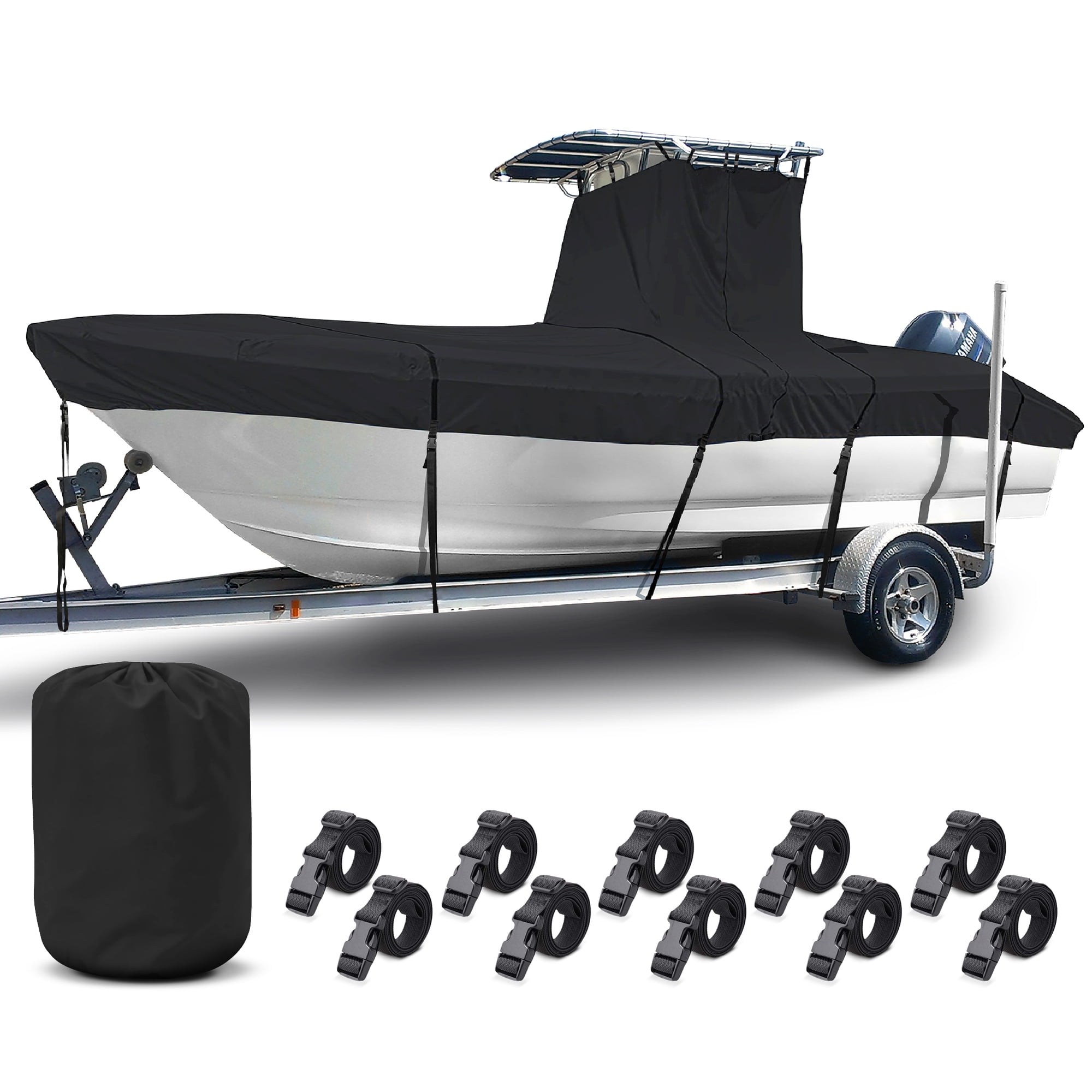 NEH T-Top Boat Cover 20-22ft, Thick Heavy Duty Fabric, Fade-Proof, Rip Resistant, Waterproof, Trailerable, Hard Top Center Console Cover, Black