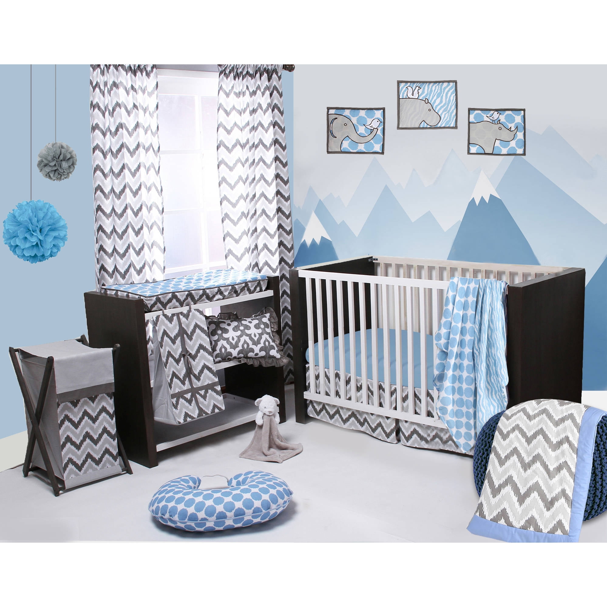 Bacati Ikat Zebra & Dots 4 Piece Crib Bedding Set with 2 Muslin Swaddling Blankets, Blue/Gray