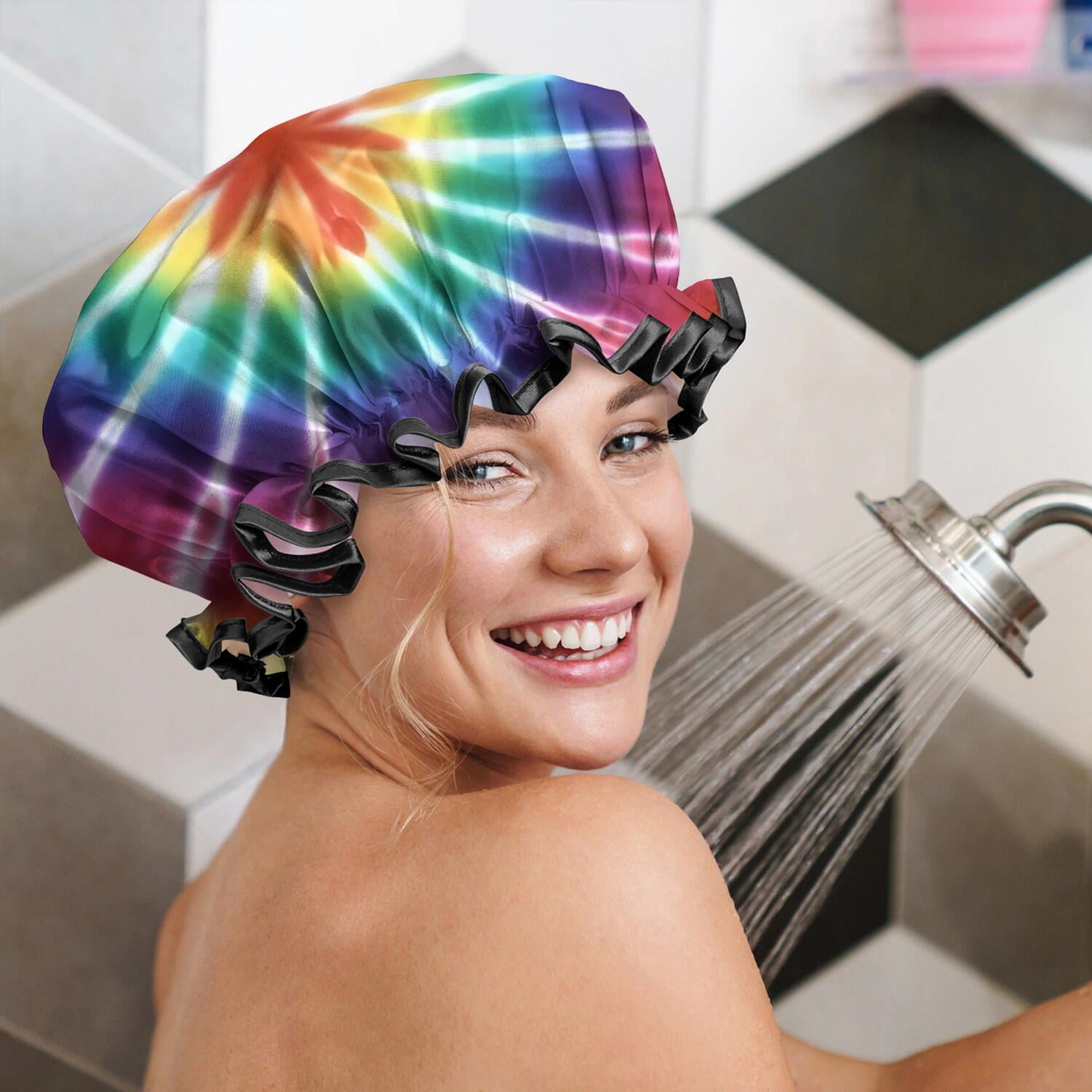 Shower Caps,Colorful Rainbow Tie Dye Spiral Pattern Waterproof Shower Cap for Women 4 Pieces,Double Reusable Hair Cover for Shower PEVA Elastic Stretch Hem