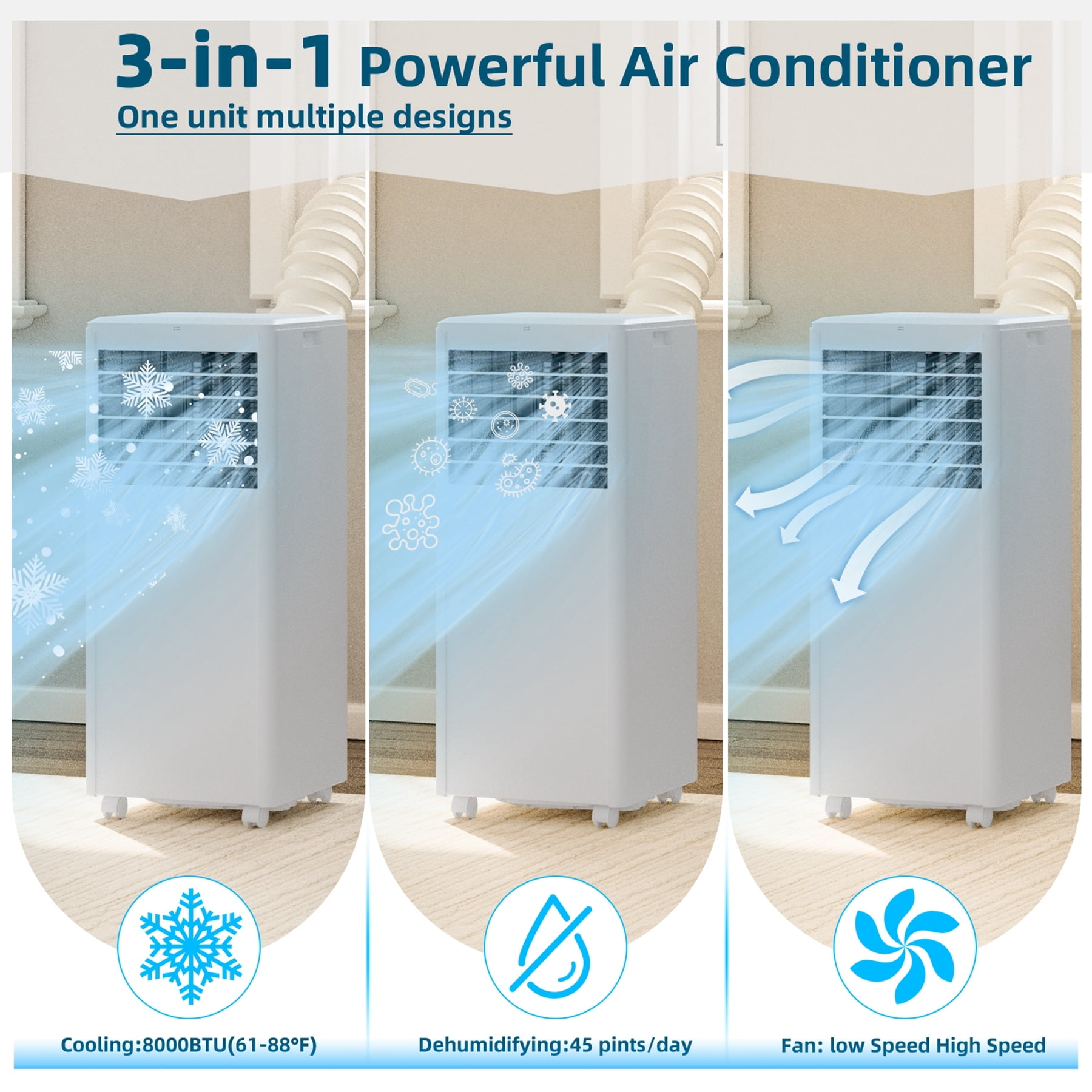 Aoile Portable AC Unit 5000 BTUs (8000BTU ASHRAE) 3-In-1 Portable Air Conditioner with Window Kit Cools Rooms up to 350 Sq.Ft