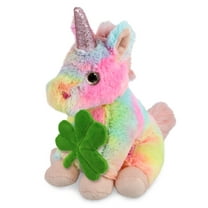 DolliBu Rainbow Unicorn Stuffed Animal with Green Plush Shamrock, Cute Green Shamrock Plush, Fun St Patricks Day Stuffed Animal Unicorn, Good Luck St Patricks Day Toys for Kids, Baby - 9 Inches
