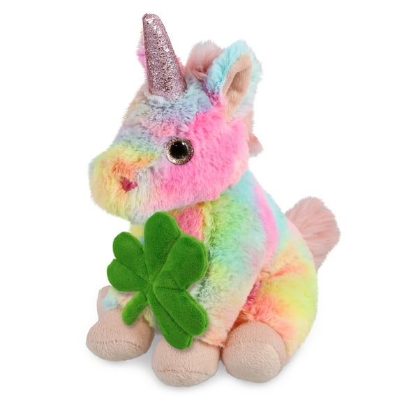 DolliBu Rainbow Unicorn Stuffed Animal with Green Plush Shamrock, Cute Green Shamrock Plush, Fun St Patricks Day Stuffed Animal Unicorn, Good Luck St Patricks Day Toys for Kids, Baby - 9 Inches