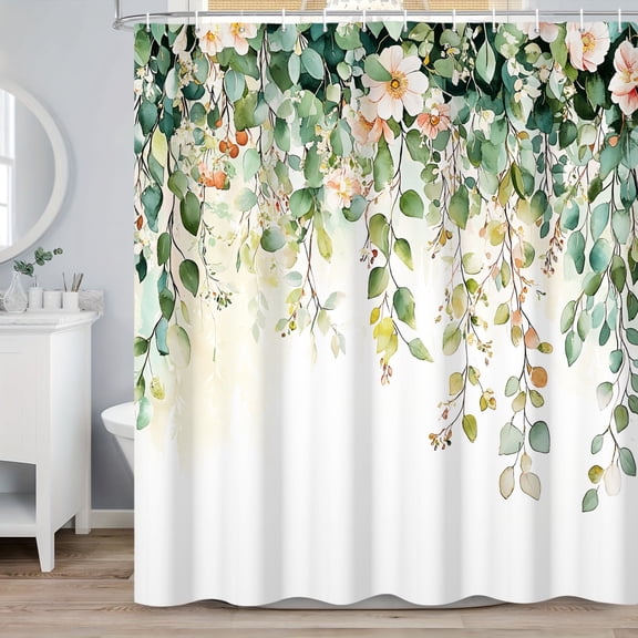 MIZHONA Spring Green Floral Shower Curtain Plants  Leaves Fabric Bathroom Curtain with Hooks,72"W x 72"L