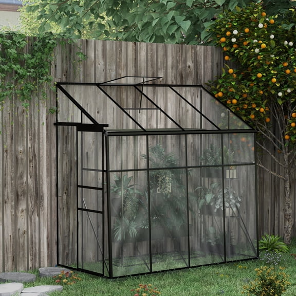 Outsunny 8' x 4' Lean-to Polycarbonate Greenhouse with Sliding Door, Roof Vent, Rain Gutter, Walk-in Aluminum Hot House, Black