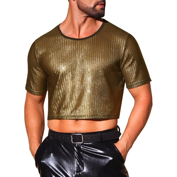 INSPIRE CHIC Men's Shiny Short Sleeve DIsco Club Crop Metallic T-Shirts M Golden