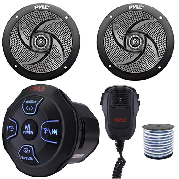 Pyle PLMRBT18MIC Marine Bluetooth AUX Audio Receiver W/2-Channel Wireless BT Receiver & Handheld Broadcasting Mic, 4" 100W Max Power 2-Way Waterproof Black Speakers (1 Pair) W/50 Feet 18G Wire