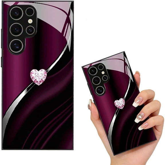 Sparkling Heart Hard Case for Samsung, Luxury Heart-Shaped Tempered Glass Phone Case, Luxury Phone Case, Anti-Scratch Shockproof, for Samsung 24/25 Series (for Samsung Galaxy S21 Plus,Fuchsia)