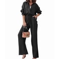 thumbnail image 2 of Women'S Solid Color Collared Blouse and High Waist Pants Two Piece Set Fashion Black S, 2 of 9