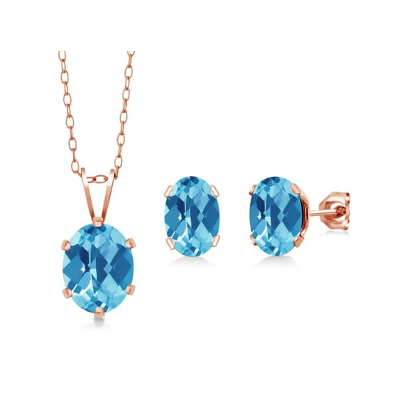 3.50 Ct Checkerboard Swiss Blue Topaz Gold Plated Silver Pendant Earrings Set