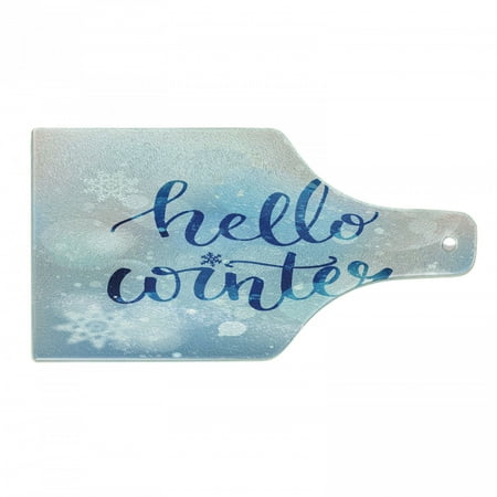 

Winter Cutting Board Hello Winter Lettering on Abstract Blurry Snowflakes Bokeh Effect Decorative Tempered Glass Cutting and Serving Board Wine Bottle Shape Blue Pale Pink White by Ambesonne