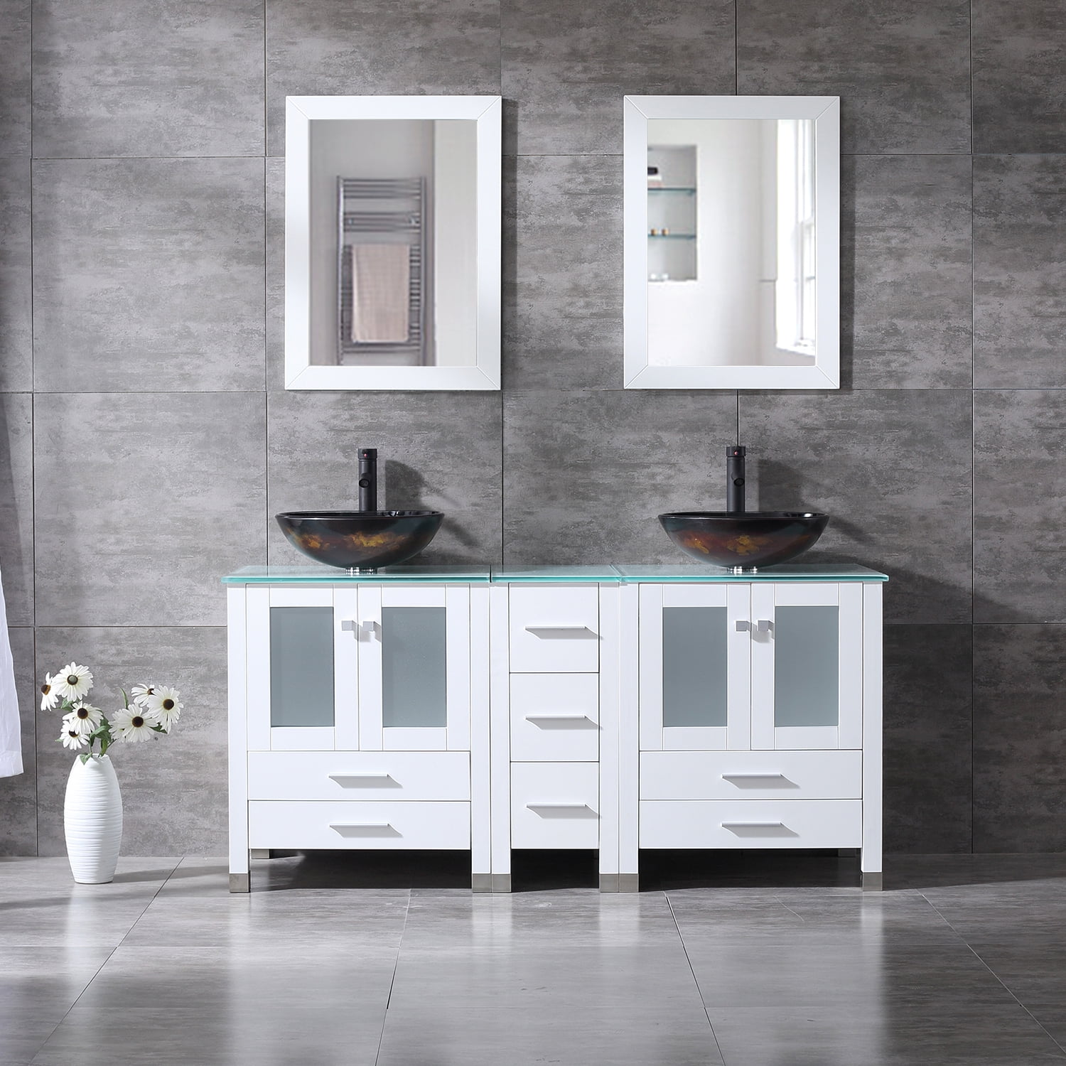 White 60" Bathroom Vanity Wood w/ Glass