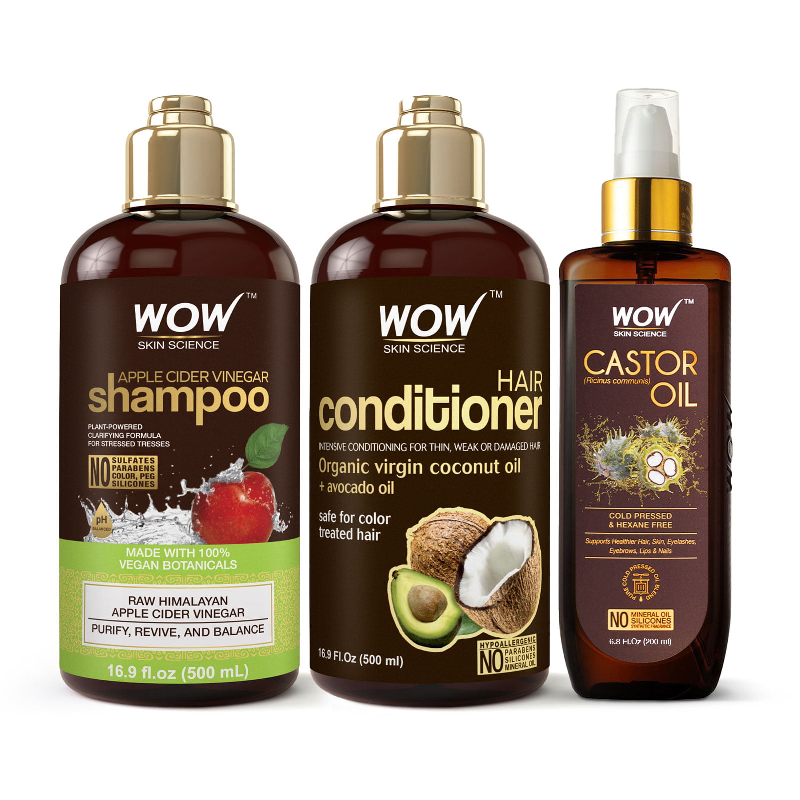 WOW Skin Science Clarifying & Nourishing Apple Cider Vinegar Shampoo and  Coconut Avocado Hair Conditioner with Castor Oil, Full Size Set, 3 Piece -  